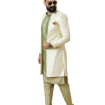 Alluring Cream Geometrical Thread Embroidered Open Sherwani with Lime Green Kurta-Pajama Set | Father Son Combo | Jaipurio Collection